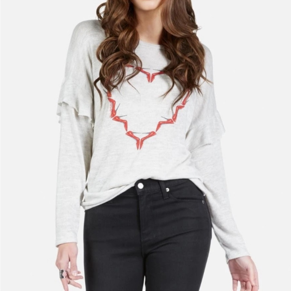 LAUREN MOSHI LIGHTWEIGHT KNIT PULLOVER SWEATER HEART STILETTOS 👠 PRINT SZ S